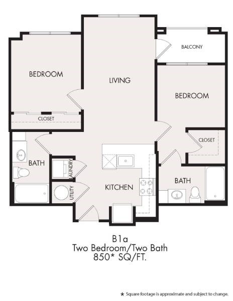 Floor plan for 2 beds, 2 baths, 850 sqft