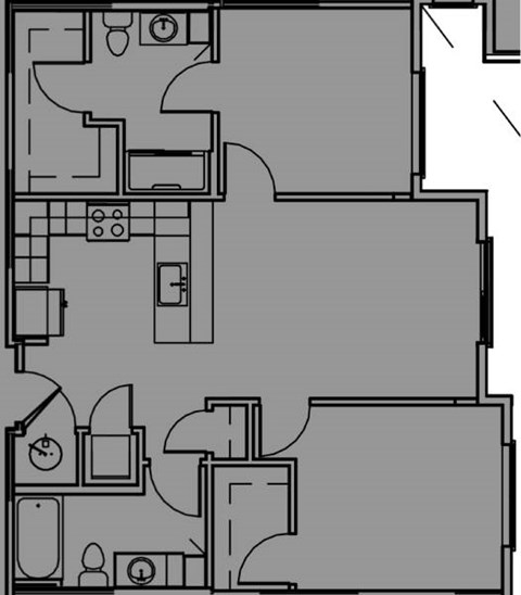 Floor plan for 2 beds, 2 baths, 975 sqft