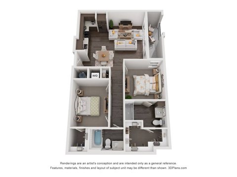 Floor plan for 2 beds, 2 baths, 1030 sqft