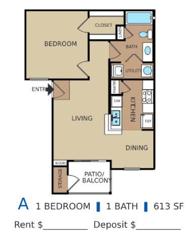 Floor plan for 1 bed, 1 bath, 613 sqft