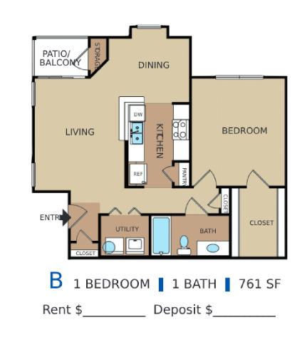 Floor plan for 1 bed, 1 bath, 761 sqft