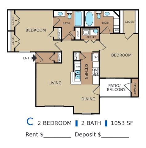 Floor plan for 2 beds, 2 baths, 1053 sqft