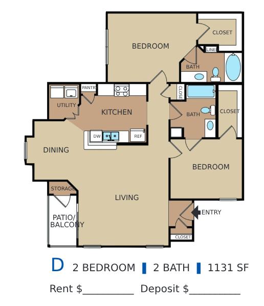 Floor plan for 2 beds, 2 baths, 1131 sqft