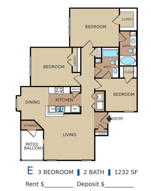 Floor plan for 3 beds, 2 baths, 1232 sqft