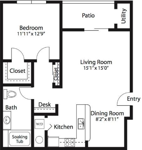 Floor plan for 1 bed, 1 bath, 799 sqft