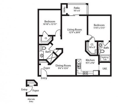 Floor plan for 2 beds, 2 baths, 1144 sqft