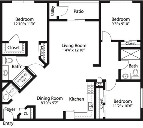 Floor plan for 3 beds, 2 baths, 1287 sqft