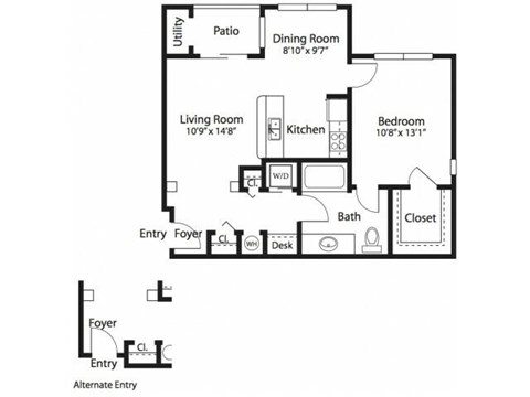 Floor plan for 1 bed, 1 bath, 799 sqft