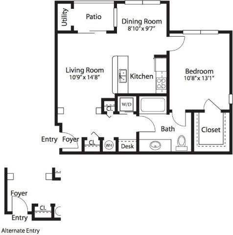 Floor plan for 1 bed, 1 bath, 752 sqft