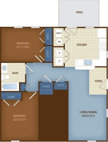Floor plan for 2 beds, 1 bath, 987 sqft