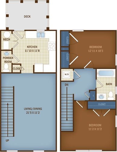 Floor plan for 2 beds, 1 bath, 987 sqft