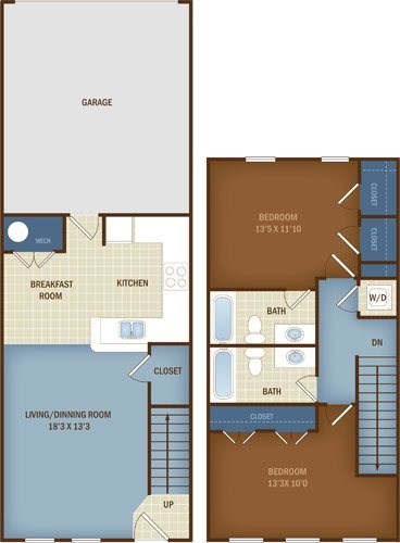 Floor plan for 2 beds, 2 baths, 1038 sqft