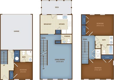 Floor plan for 3 beds, 3 baths, 1329 sqft