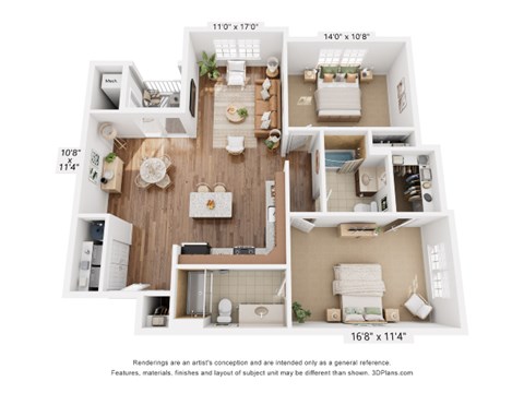 Floor plan for 2 beds, 2 baths, 1149 sqft