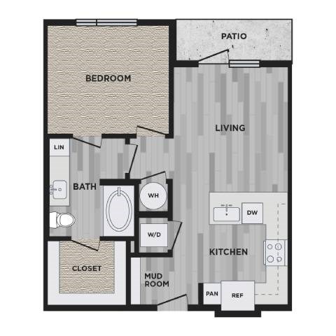 Floor plan for 1 bed, 1 bath, 629 sqft
