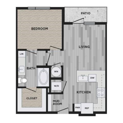 Floor plan for 1 bed, 1 bath, 880 sqft