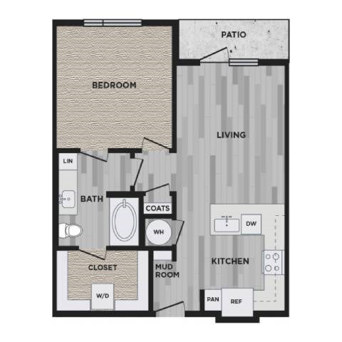 Floor plan for 1 bed, 1 bath, 677 sqft