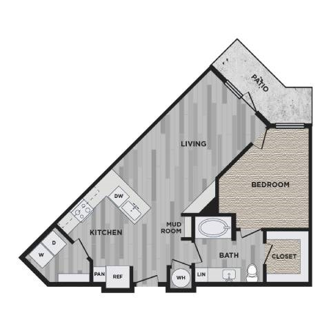 Floor plan for 1 bed, 1 bath, 775 sqft