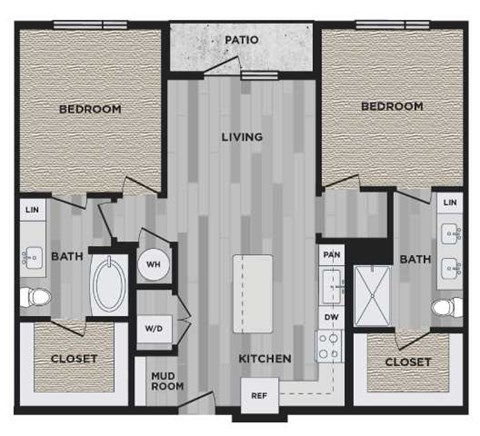 Floor plan for 2 beds, 2 baths, 1072 sqft