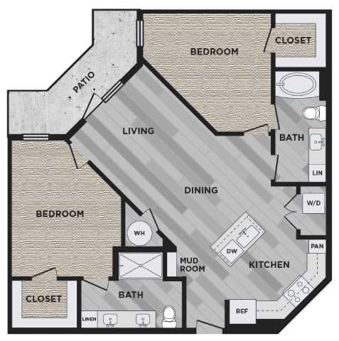Floor plan for 2 beds, 2 baths, 1108 sqft