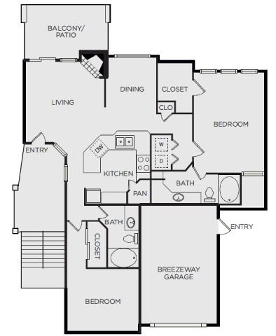 Floor plan for 2 beds, 2 baths, 1213 sqft
