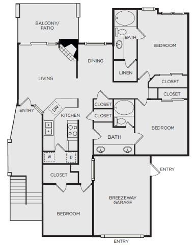 Floor plan for 3 beds, 2 baths, 1424 sqft