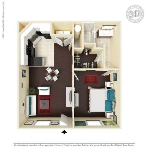 Floor plan for 1 bed, 1 bath, 667 sqft