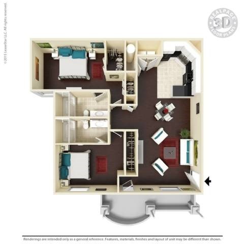 Floor plan for 2 beds, 2 baths, 1043 sqft