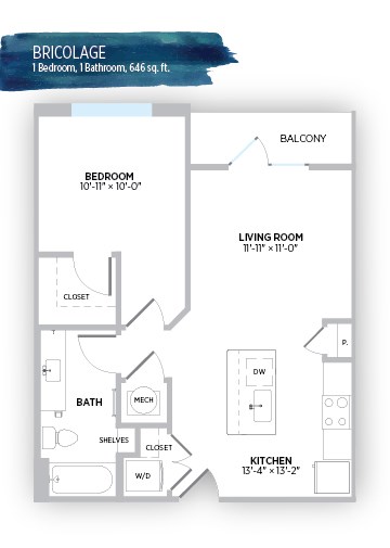 Floor plan for 1 bed, 1 bath, 646 sqft
