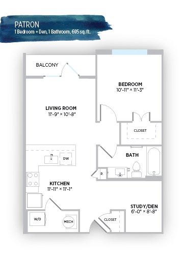Floor plan for 1 bed, 1 bath, 695 sqft