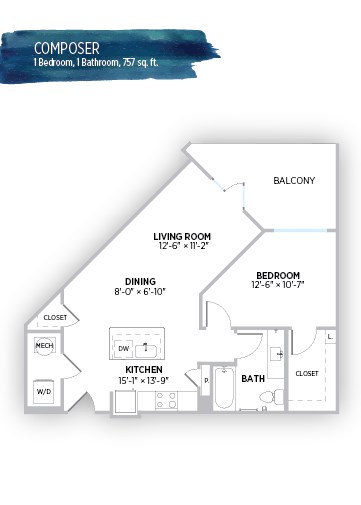 Floor plan for 1 bed, 1 bath, 757 sqft