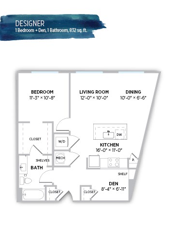 Floor plan for 1 bed, 1 bath, 832 sqft