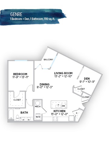 Floor plan for 1 bed, 1 bath, 1110 sqft