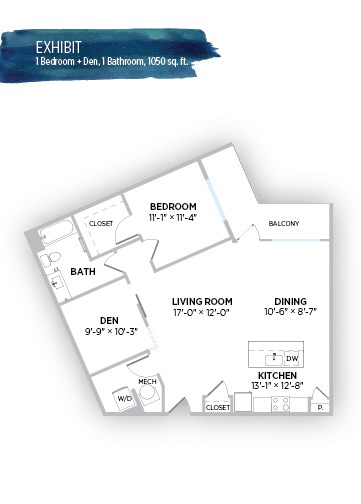 Floor plan for 1 bed, 2 baths, 1050 sqft