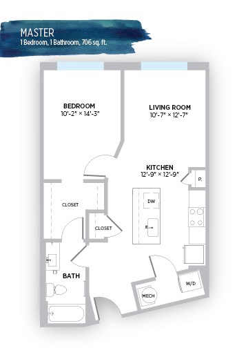 Floor plan for 1 bed, 2 baths, 706 sqft