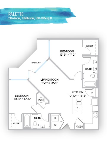 Floor plan for 2 beds, 2 baths, 1014 sqft