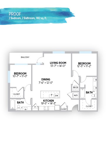 Floor plan for 2 beds, 2 baths, 1182 sqft