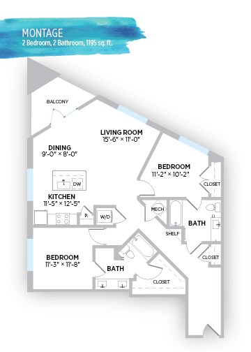 Floor plan for 2 beds, 2 baths, 1195 sqft