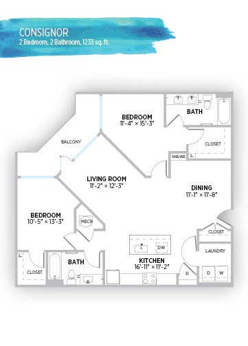 Floor plan for 2 beds, 2 baths, 1233 sqft