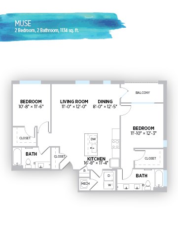 Floor plan for 2 beds, 2 baths, 1134 sqft