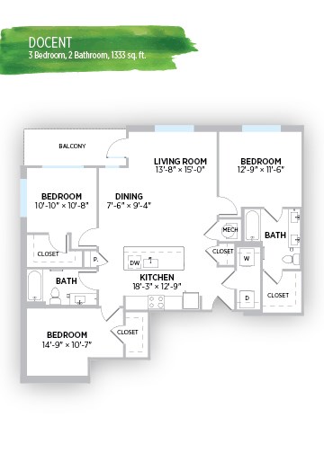 Floor plan for 3 beds, 2 baths, 1333 sqft