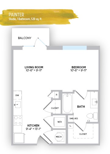 Floor plan for studio, 1 bath, 528 sqft