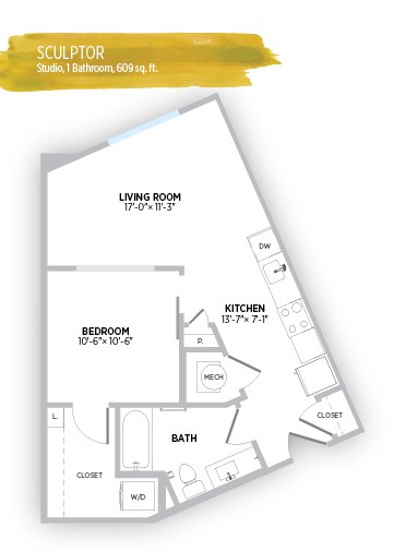 Floor plan for studio, 1 bath, 609 sqft