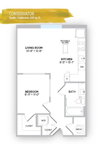 Floor plan for studio, 1 bath, 620 sqft