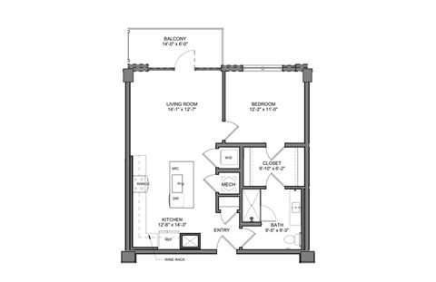 Floor plan for 1 bed, 1 bath, 755 sqft