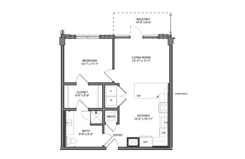 Floor plan for 1 bed, 1 bath, 755 sqft