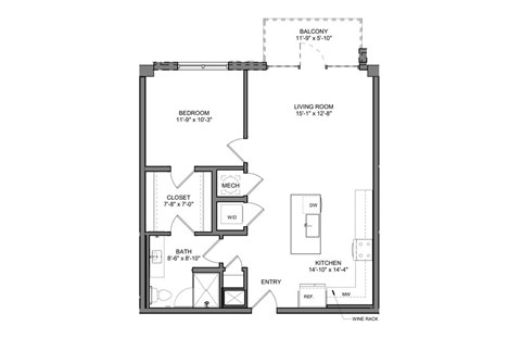 Floor plan for 1 bed, 1 bath, 775 sqft