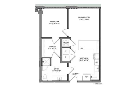 Floor plan for 1 bed, 1 bath, 741 sqft