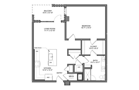 Floor plan for 1 bed, 1 bath, 922 sqft