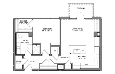 Floor plan for 1 bed, 1 bath, 777 sqft